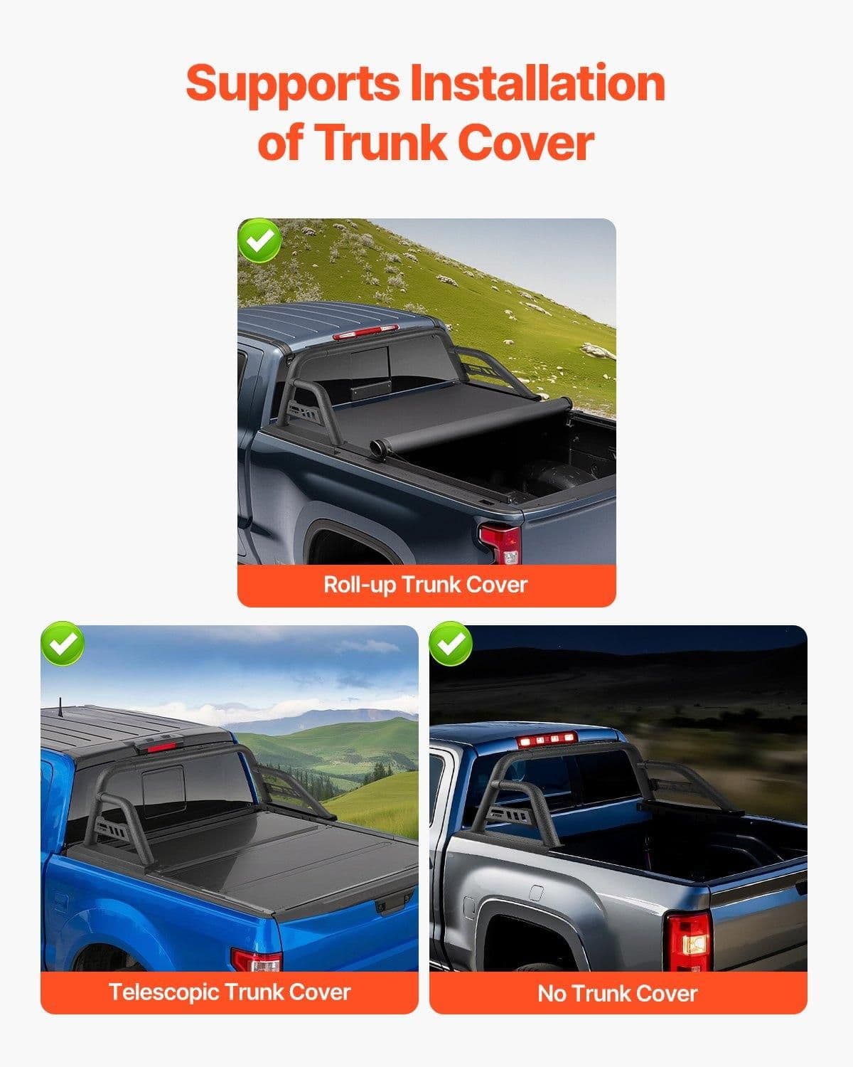 image-VEVOR Truck Bed Roll Bar, Universal Pickup Sport Adjustable Bar Chase Rack Compatible with Mid-Size Truck, Carbon Steel Construction with Extension Light Bracket, No Rack Included