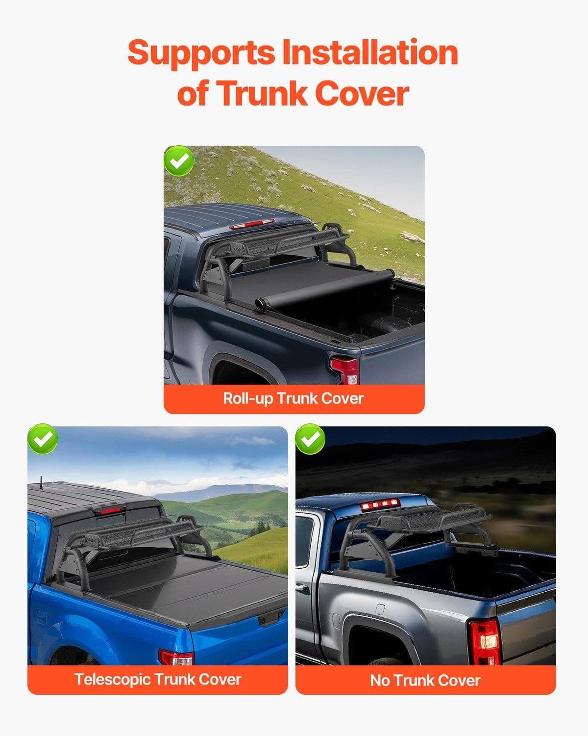 image-VEVOR Truck Bed Roll Bar, Universal Adjustable Sport Bar Chase Rack, with Luggage Rack for Full-Size Pickup, Carbon Steel Construction with Extension Light Bracket, Rust-resistant Coating