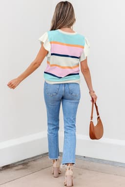 image-Multicolor Striped Flutter Sleeve Sweater Top