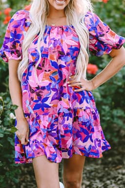 image-Purple Ruffled Short Sleeve Floral Print Dress - Sizes Available (59 characters)