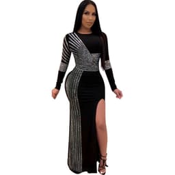 image-K8882 AliExpress European and American sexy hot diamond round neck slit long sleeve dress nightclub clothes