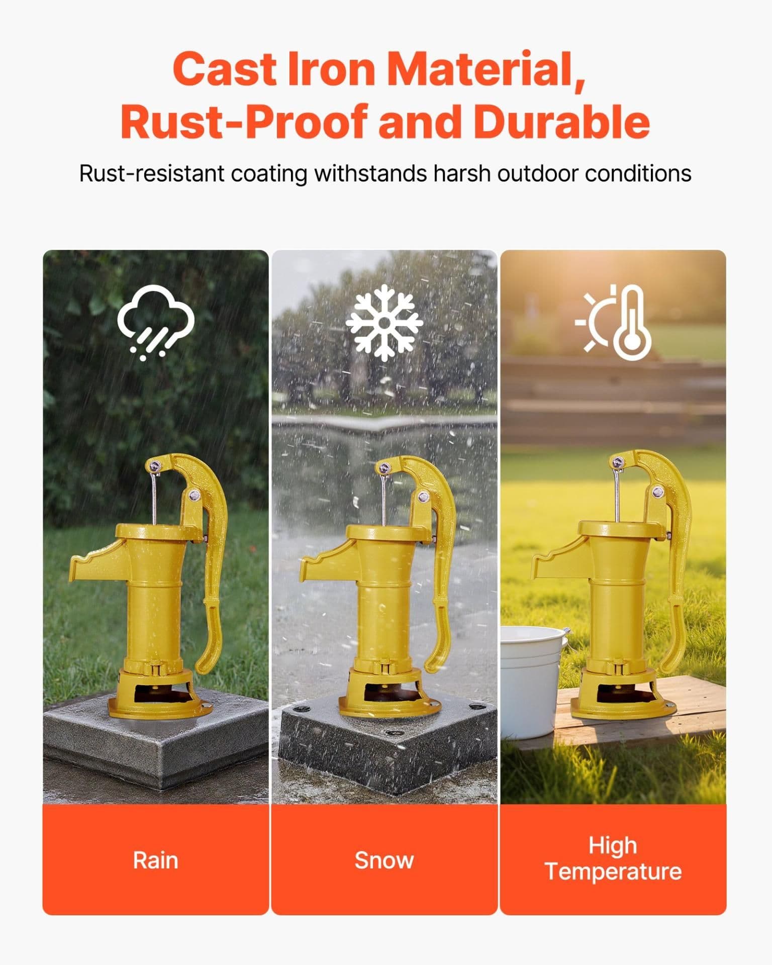 image-VEVOR Well Hand Pitcher Pump, 25 ft Maximum Lift, Antique Cast Iron Manual Hand Water Pump, NPT 1-1/4 in Connection, Easy Installation, Old Fashioned for Outdoor Garden, Pond, Backyard, Farm, Yellow