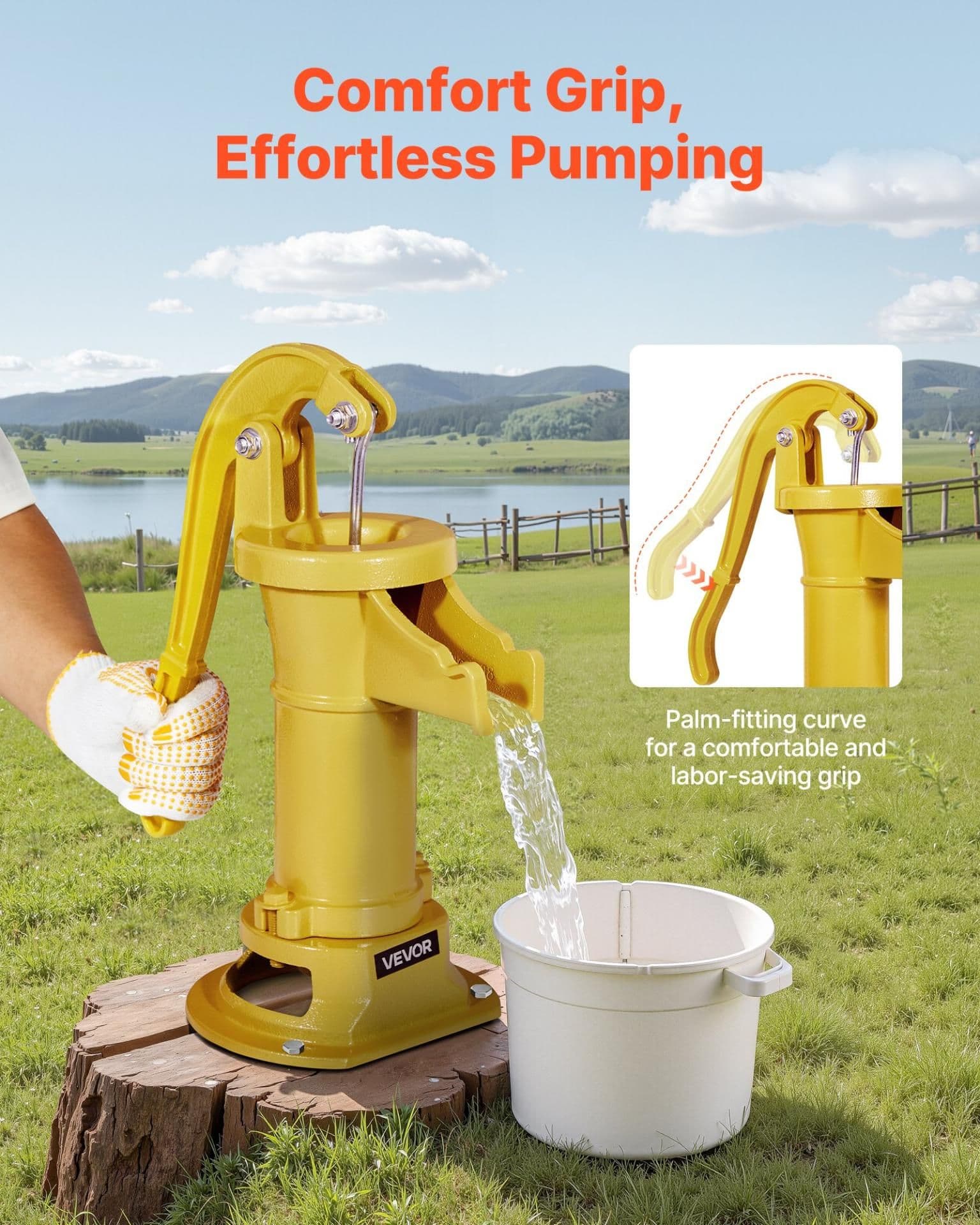 image-VEVOR Well Hand Pitcher Pump, 25 ft Maximum Lift, Antique Cast Iron Manual Hand Water Pump, NPT 1-1/4 in Connection, Easy Installation, Old Fashioned for Outdoor Garden, Pond, Backyard, Farm, Yellow