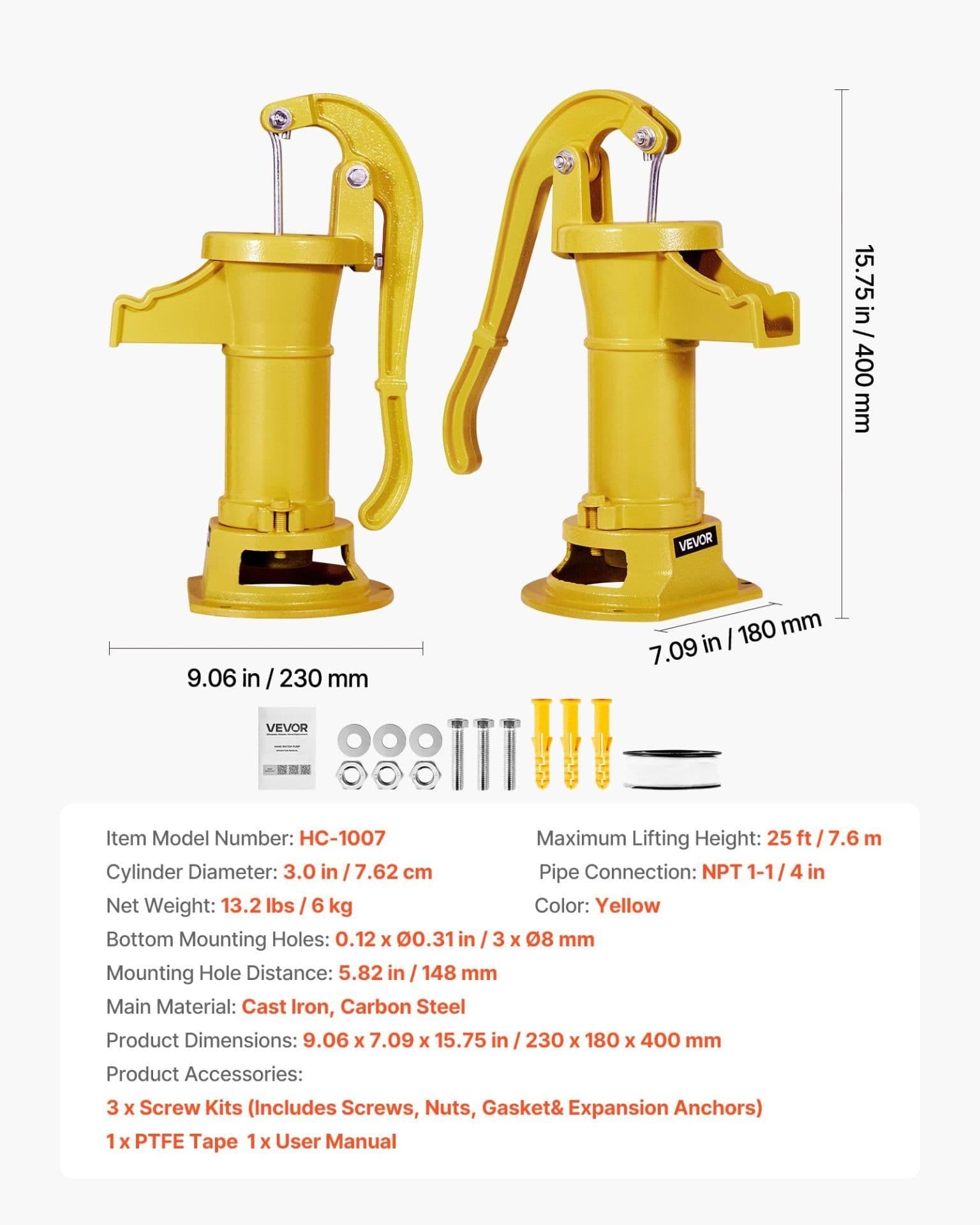 image-VEVOR Well Hand Pitcher Pump, 25 ft Maximum Lift, Antique Cast Iron Manual Hand Water Pump, NPT 1-1/4 in Connection, Easy Installation, Old Fashioned for Outdoor Garden, Pond, Backyard, Farm, Yellow