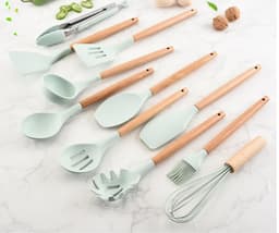 image-Wooden Handle Silicone Kitchenware Set Cooking Spoon Shovel Silicone