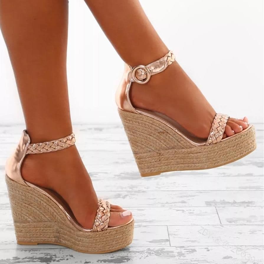 image-Women straw shoes big size women wedge sandals open toe gold color