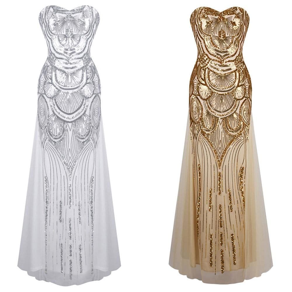 image-Angel-fashions Women Sequin Strapless Sweetheart Tulle Flapper Gatsby