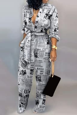 image-Plus Size Women Long Sleeve Cotton Jumpsuit Rompers Wide Leg Pants