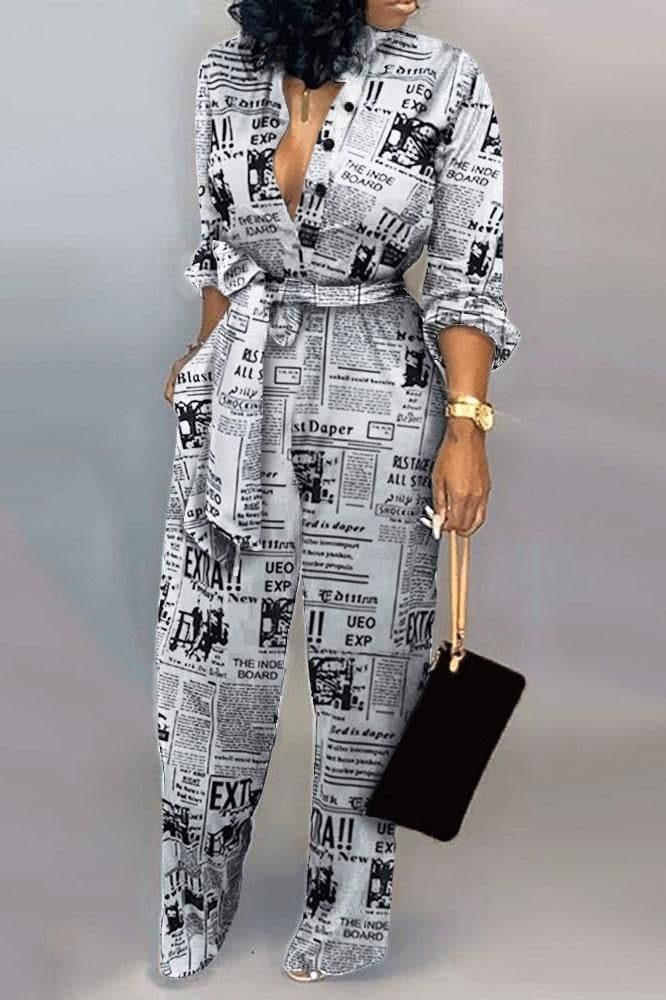 image-Plus Size Women Long Sleeve Cotton Jumpsuit Rompers Wide Leg Pants