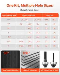 image-VEVOR Knockout Punch Set, 1/2 to 2 inch SLUG-Buster Ratchet Knockout Set, Ratchet Wrench Knockouts Punch Sets for Aluminum, Mild steel, Fiberglass, Plastics, 6 Die Sizes, 40Cr Steel Ko Tool Kit