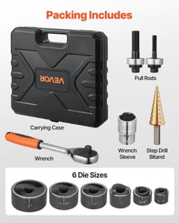 image-VEVOR Knockout Punch Set, 1/2 to 2 inch SLUG-Buster Ratchet Knockout Set, Ratchet Wrench Knockouts Punch Sets for Aluminum, Mild steel, Fiberglass, Plastics, 6 Die Sizes, 40Cr Steel Ko Tool Kit