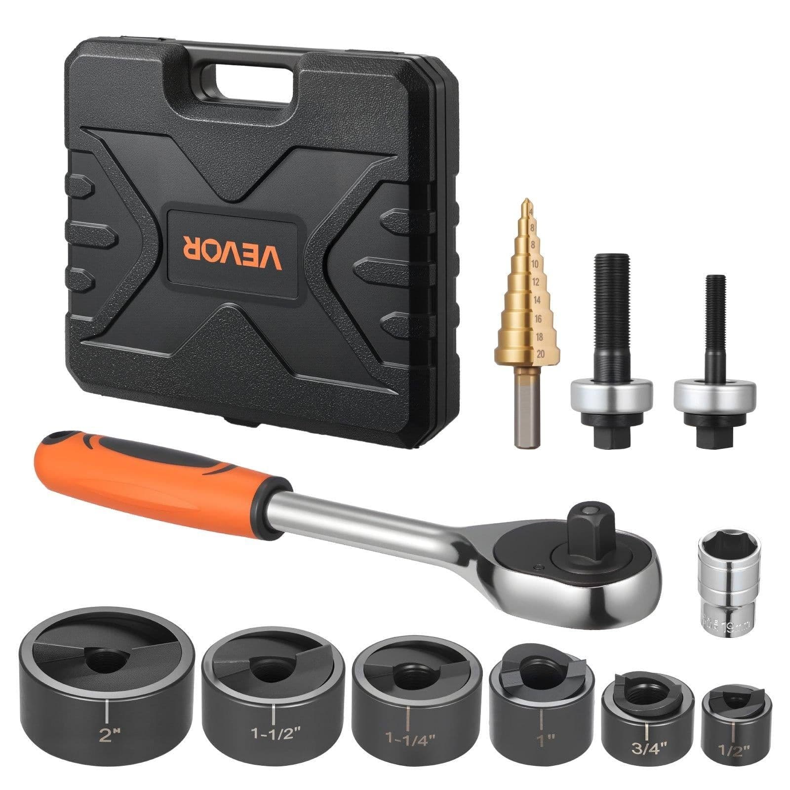 image-VEVOR Knockout Punch Set, 1/2 to 2 inch SLUG-Buster Ratchet Knockout Set, Ratchet Wrench Knockouts Punch Sets for Aluminum, Mild steel, Fiberglass, Plastics, 6 Die Sizes, 40Cr Steel Ko Tool Kit