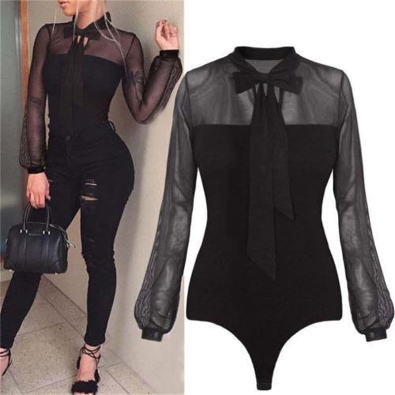 image-Fashion Women Ladies Sexy Leotard Tulle Long Sleeve Bandge Tops Thin