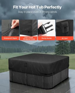 image-VEVOR Outdoor Hot Tub Cover, 88 x 88 x 20 Inch Weatherproof and Waterproof Hot Tub Cover Protector, 600D Heavy Duty Oxford Fabric and 950N Tearing Strength, Square Spa Covers for Hottub, Black