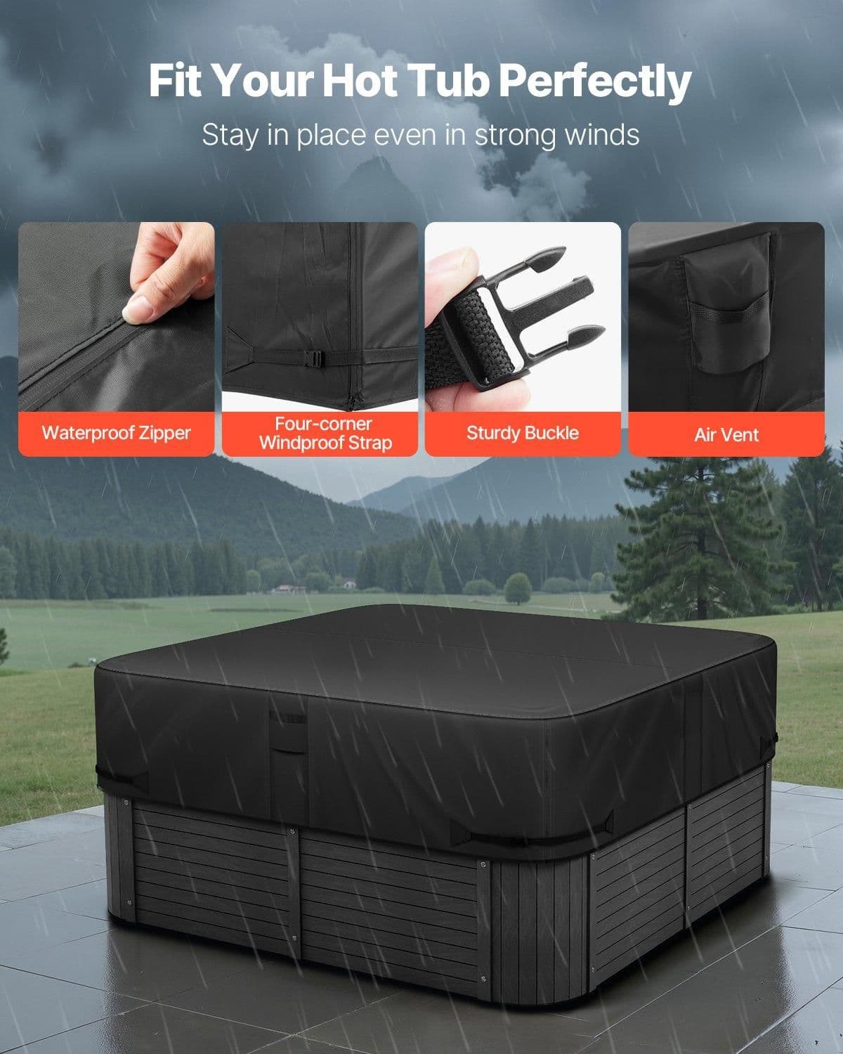 image-VEVOR Outdoor Hot Tub Cover, 88 x 88 x 20 Inch Weatherproof and Waterproof Hot Tub Cover Protector, 600D Heavy Duty Oxford Fabric and 950N Tearing Strength, Square Spa Covers for Hottub, Black