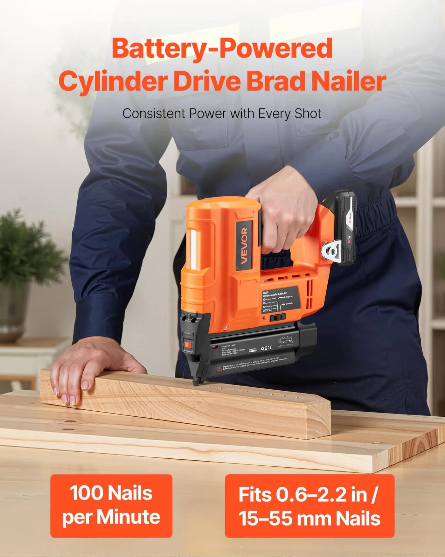 image-VEVOR Cordless Brad Nailer, 18 Gauge, 20V Battery Powered Nail Gun, with 500 pcs Nails, 2.0 Ah Li-ion Battery and Charger, Adjustable Nailing Depth, for Home Improvement, Woodworking, DIY Project