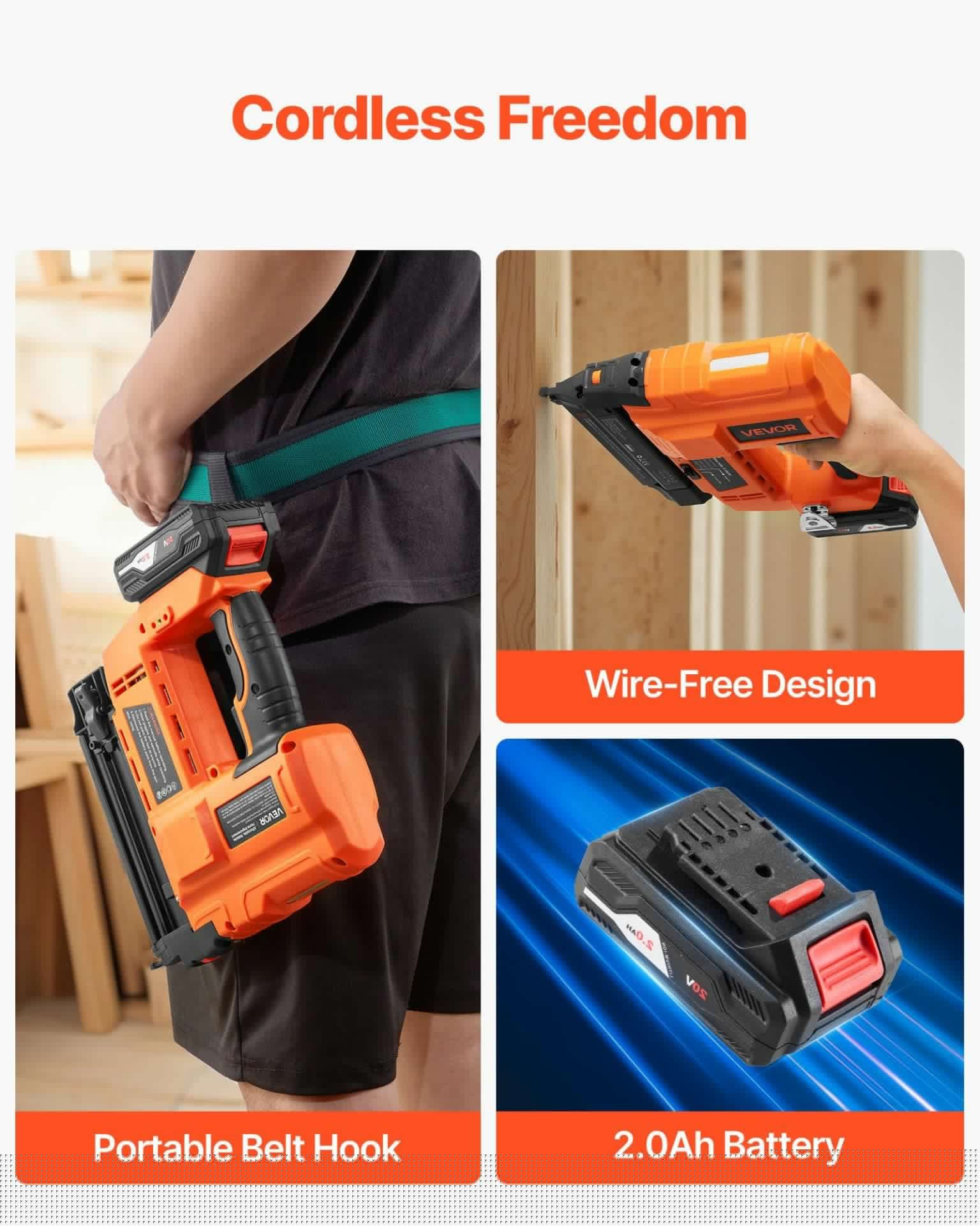 image-VEVOR Cordless Brad Nailer, 18 Gauge, 20V Battery Powered Nail Gun, with 500 pcs Nails, 2.0 Ah Li-ion Battery and Charger, Adjustable Nailing Depth, for Home Improvement, Woodworking, DIY Project