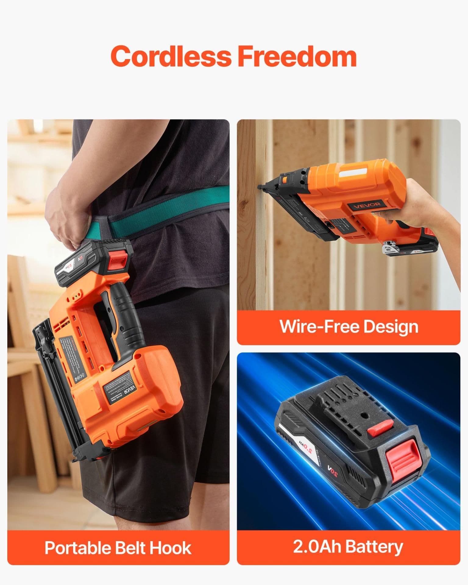 image-VEVOR Cordless Brad Nailer, 18 Gauge, 20V Battery Powered Nail Gun, with 500 pcs Nails, 2.0 Ah Li-ion Battery and Charger, Adjustable Nailing Depth, for Home Improvement, Woodworking, DIY Project
