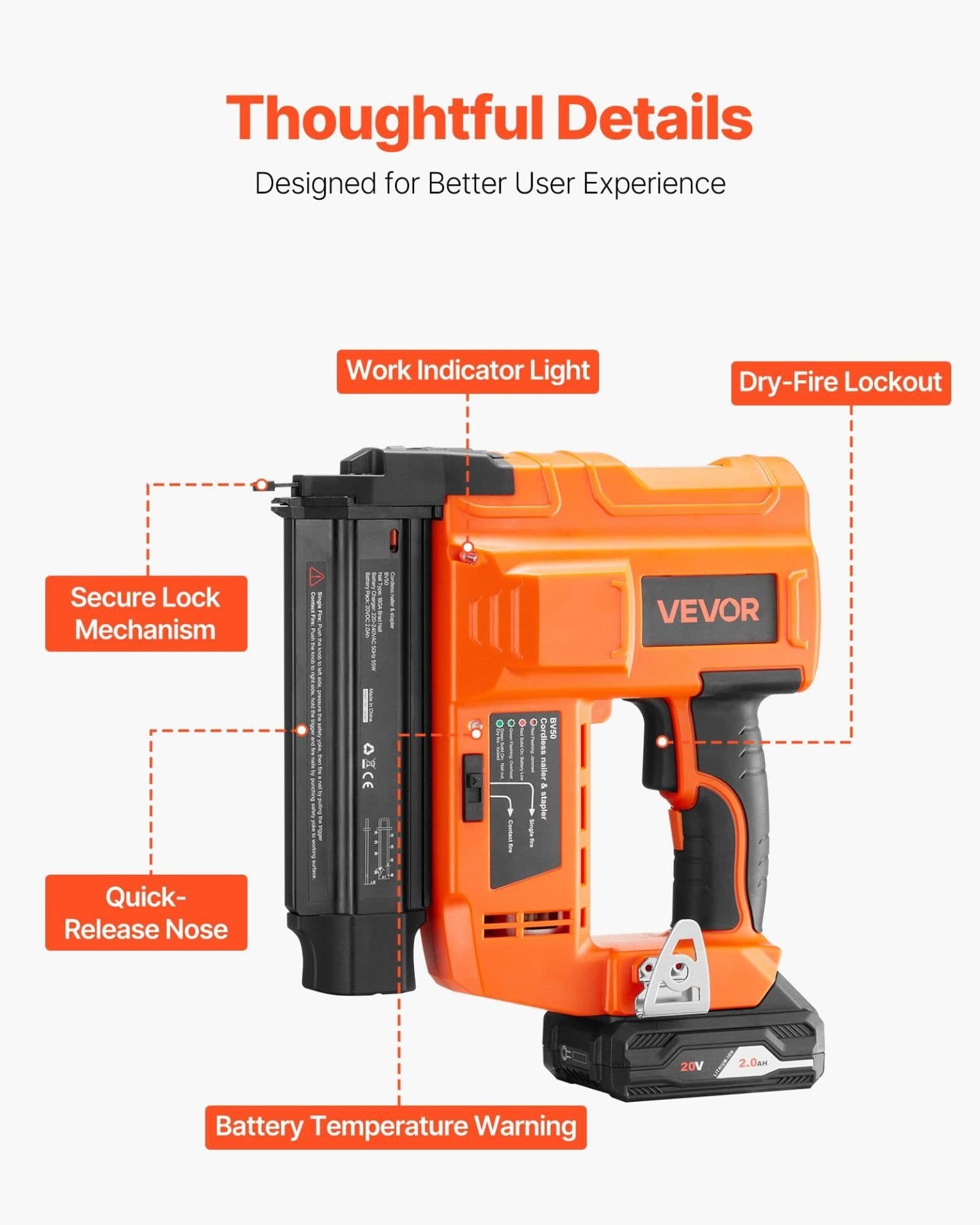 image-VEVOR Cordless Brad Nailer, 18 Gauge, 20V Battery Powered Nail Gun, with 500 pcs Nails, 2.0 Ah Li-ion Battery and Charger, Adjustable Nailing Depth, for Home Improvement, Woodworking, DIY Project