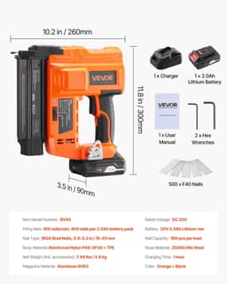 image-VEVOR Cordless Brad Nailer, 18 Gauge, 20V Battery Powered Nail Gun, with 500 pcs Nails, 2.0 Ah Li-ion Battery and Charger, Adjustable Nailing Depth, for Home Improvement, Woodworking, DIY Project