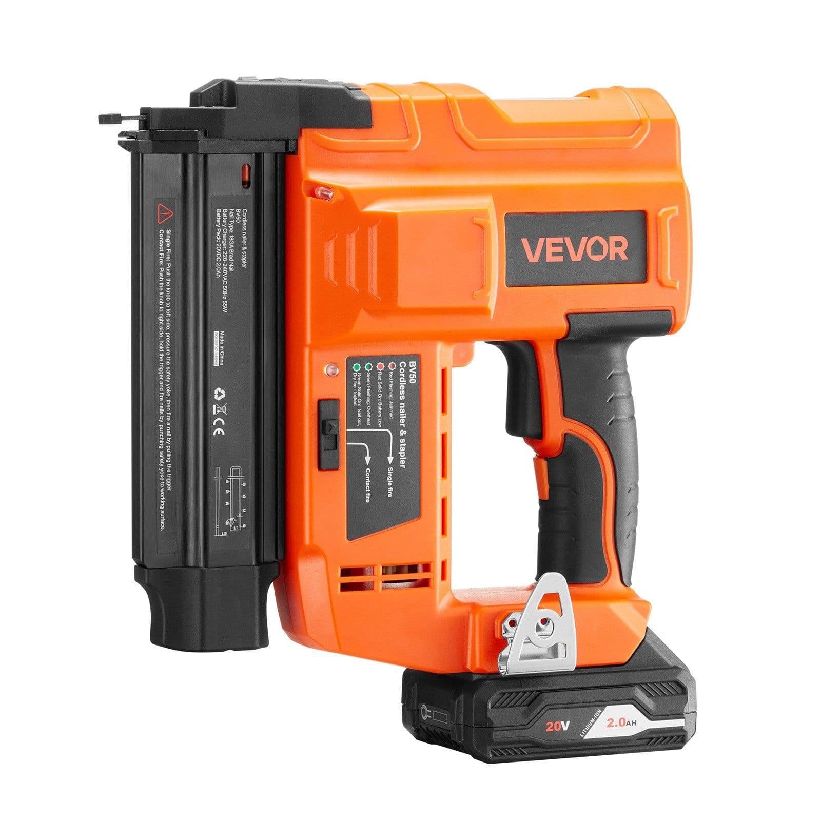image-VEVOR Cordless Brad Nailer, 18 Gauge, 20V Battery Powered Nail Gun, with 500 pcs Nails, 2.0 Ah Li-ion Battery and Charger, Adjustable Nailing Depth, for Home Improvement, Woodworking, DIY Project