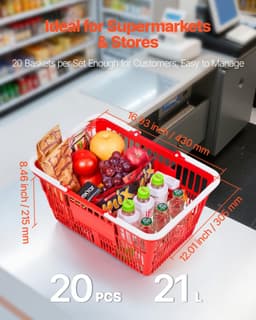 image-VEVOR Shopping Baskets, 20 PCS, 21L Stackable PE Plastic Grocery Baskets with Handles, Dense Mesh Structure, Holds up to 20 lbs, Portable for Grocery, Retail, Stores, Supermarket, Home Use, Red