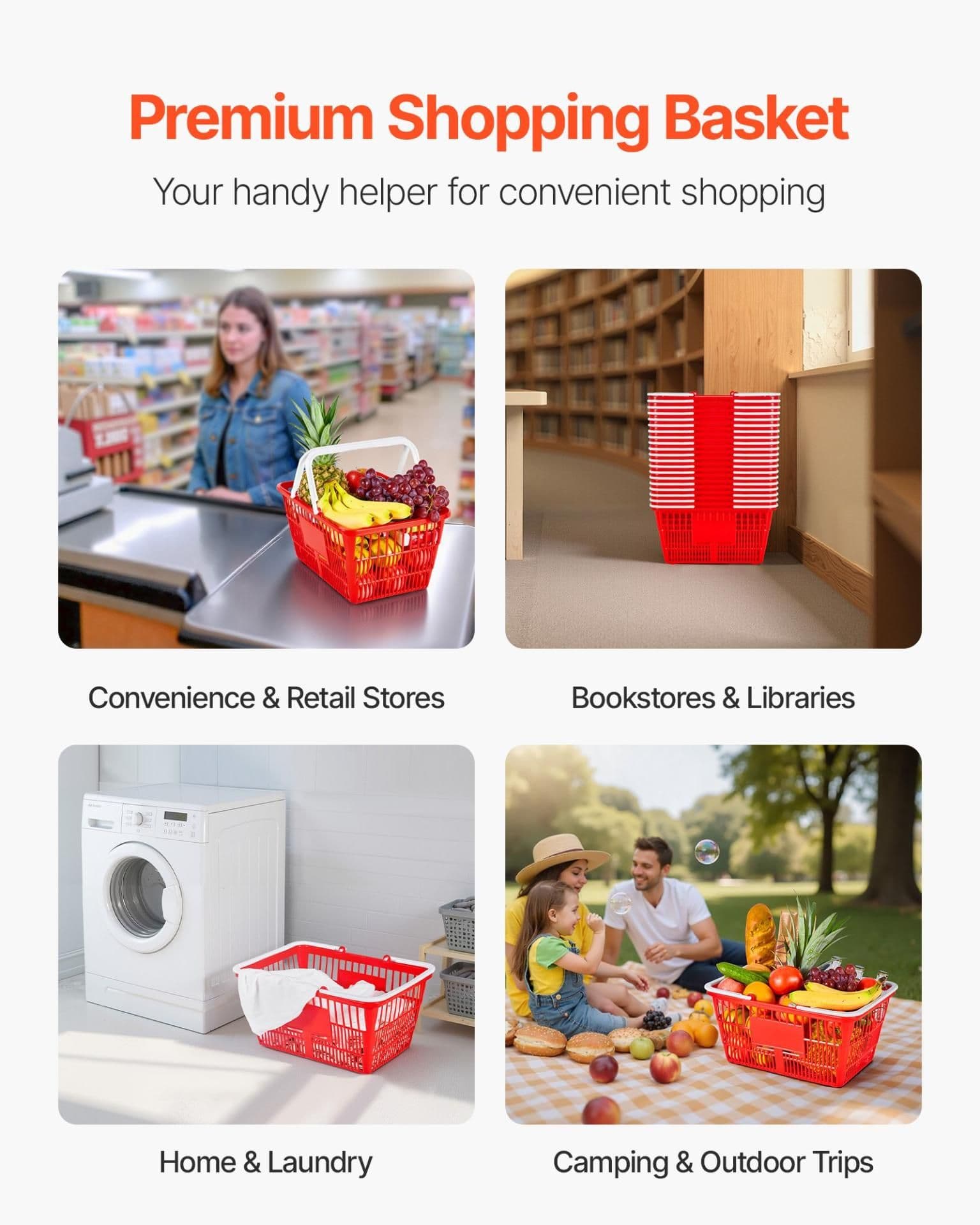 image-VEVOR Shopping Baskets, 20 PCS, 21L Stackable PE Plastic Grocery Baskets with Handles, Dense Mesh Structure, Holds up to 20 lbs, Portable for Grocery, Retail, Stores, Supermarket, Home Use, Red