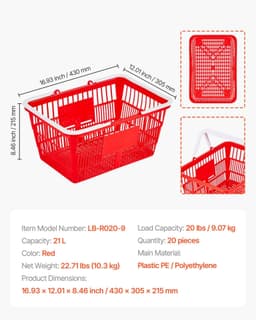 image-VEVOR Shopping Baskets, 20 PCS, 21L Stackable PE Plastic Grocery Baskets with Handles, Dense Mesh Structure, Holds up to 20 lbs, Portable for Grocery, Retail, Stores, Supermarket, Home Use, Red