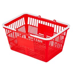 image-VEVOR Shopping Baskets, 20 PCS, 21L Stackable PE Plastic Grocery Baskets with Handles, Dense Mesh Structure, Holds up to 20 lbs, Portable for Grocery, Retail, Stores, Supermarket, Home Use, Red