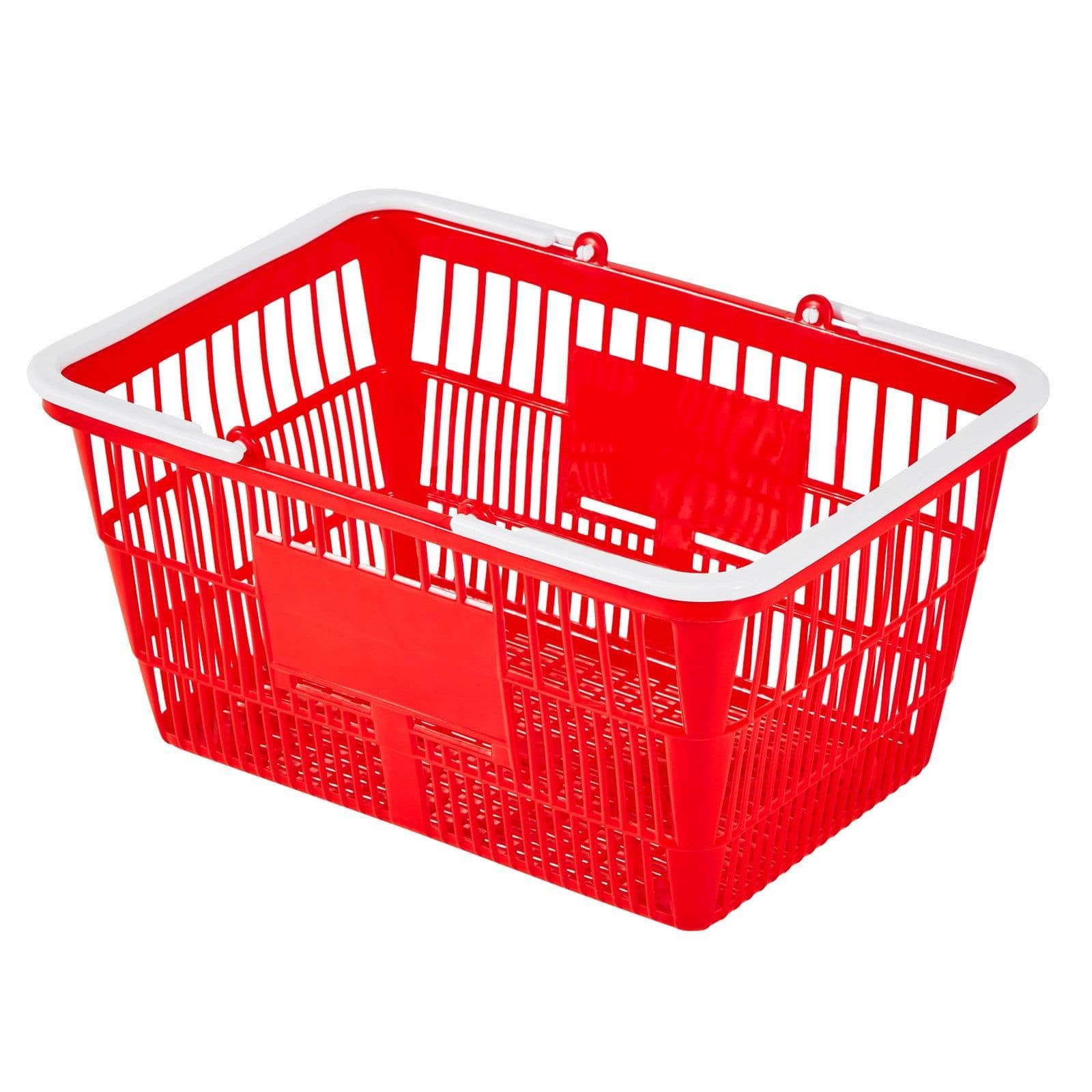 image-VEVOR Shopping Baskets, 20 PCS, 21L Stackable PE Plastic Grocery Baskets with Handles, Dense Mesh Structure, Holds up to 20 lbs, Portable for Grocery, Retail, Stores, Supermarket, Home Use, Red