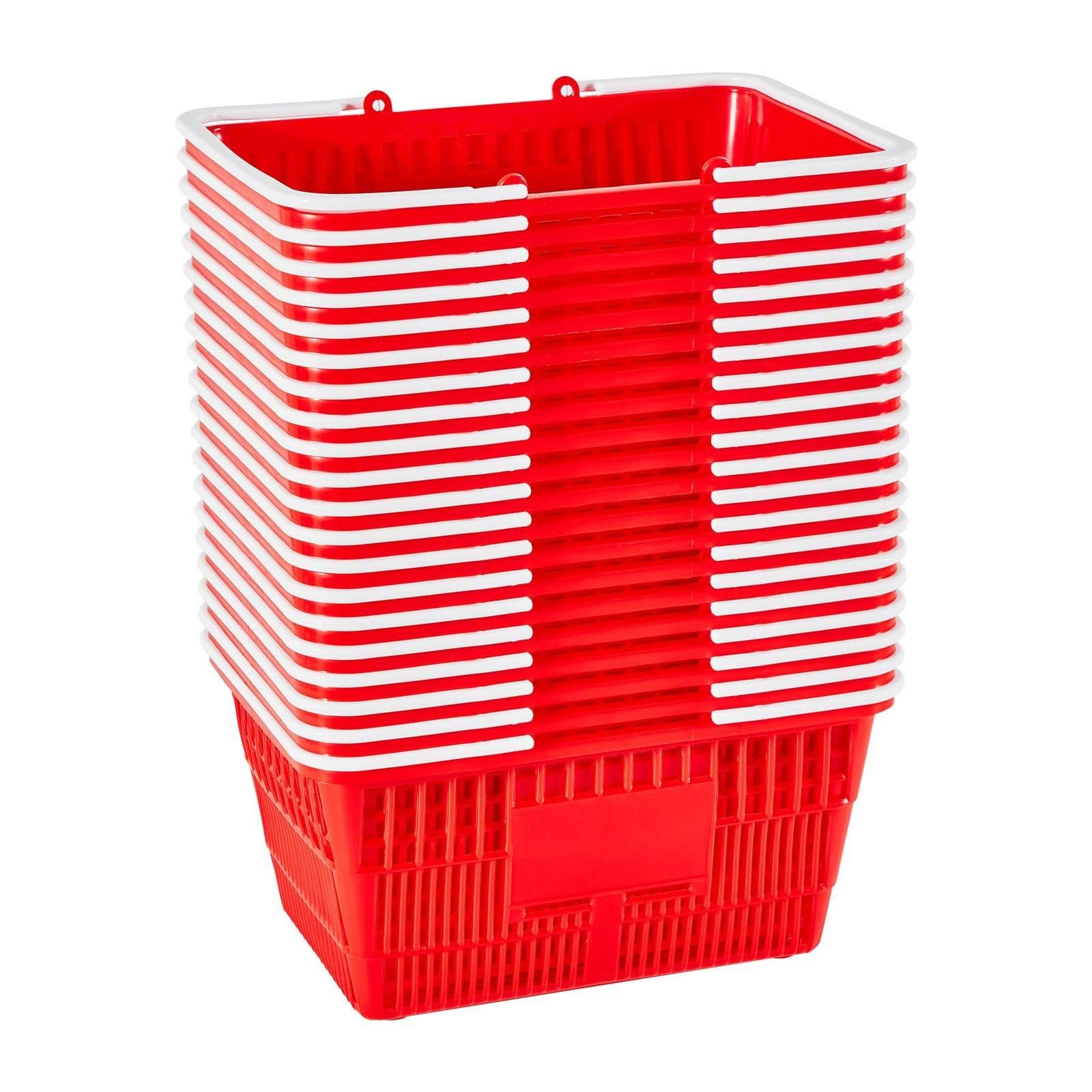 image-VEVOR Shopping Baskets, 20 PCS, 21L Stackable PE Plastic Grocery Baskets with Handles, Dense Mesh Structure, Holds up to 20 lbs, Portable for Grocery, Retail, Stores, Supermarket, Home Use, Red