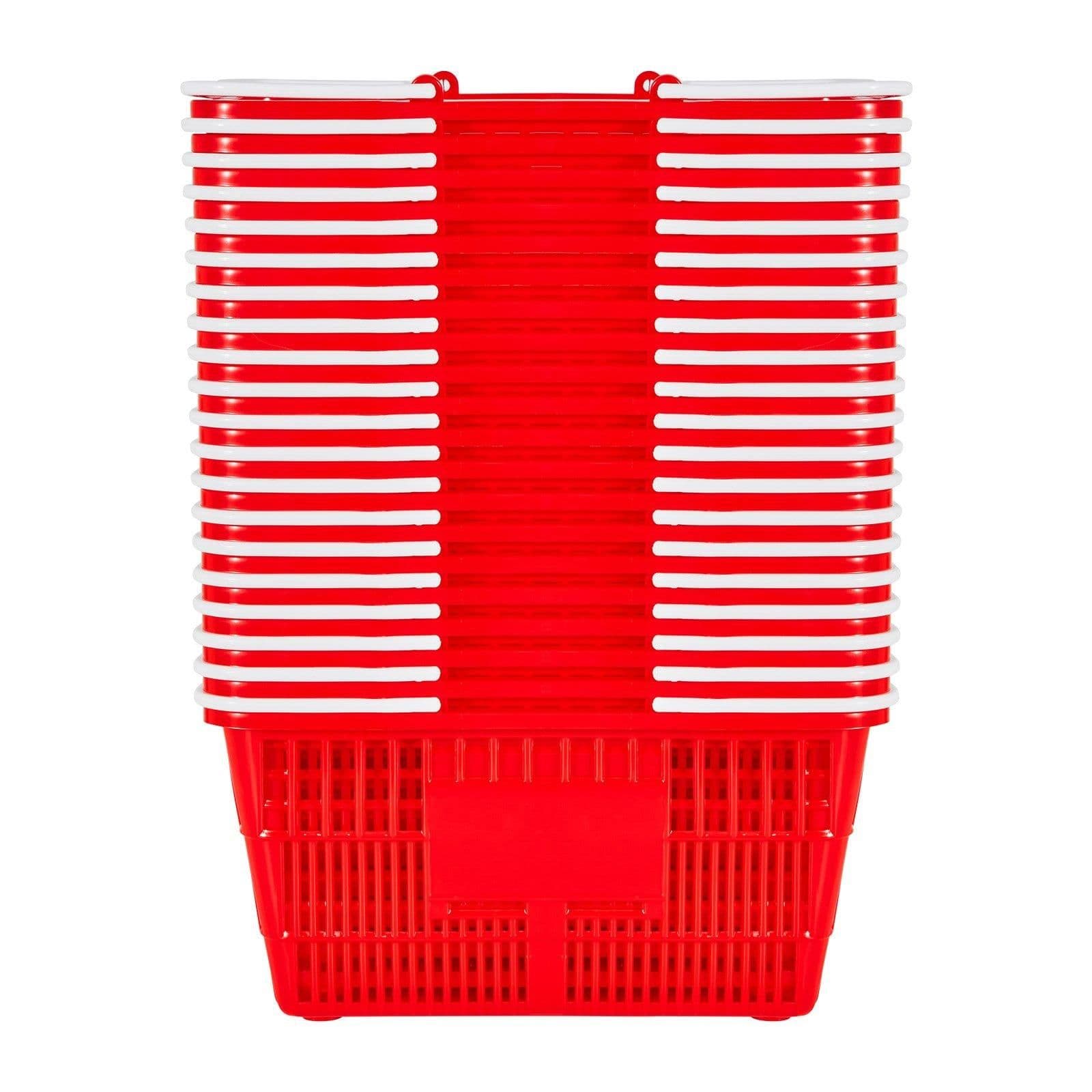 image-VEVOR Shopping Baskets, 20 PCS, 21L Stackable PE Plastic Grocery Baskets with Handles, Dense Mesh Structure, Holds up to 20 lbs, Portable for Grocery, Retail, Stores, Supermarket, Home Use, Red