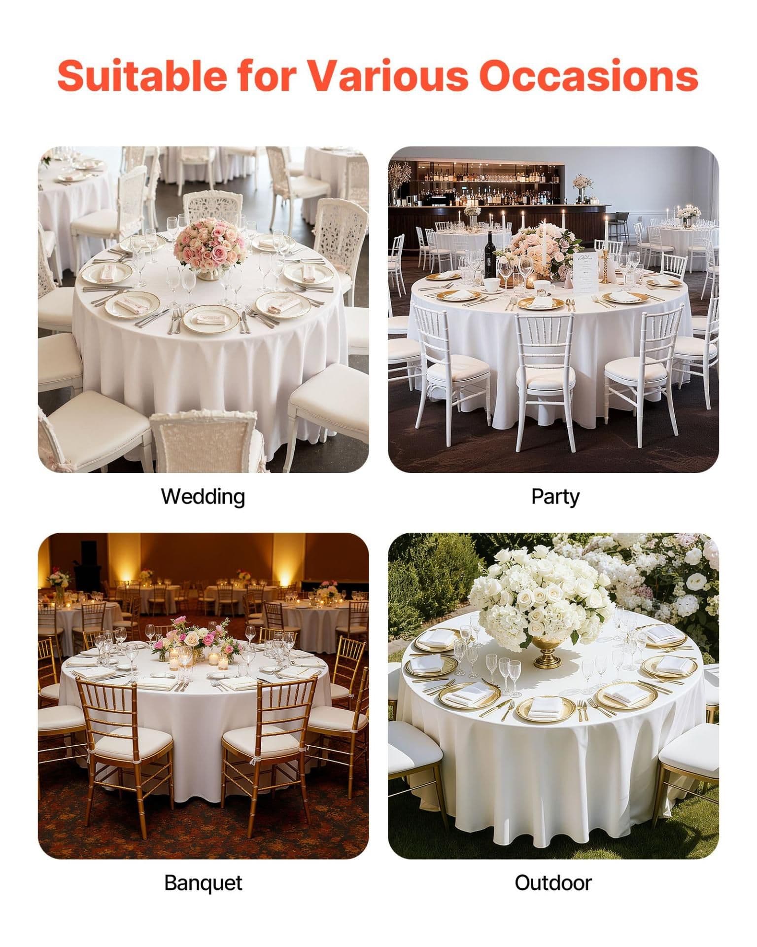 image-VEVOR White Round Tablecloths 2 Pack, 120 Inches in Diameter, Stain- & Wrinkle- Resistant, Machine Washable Table Clothes, Polyester Fabric Table Covers for Wedding, Party, Banquet, Formal Events