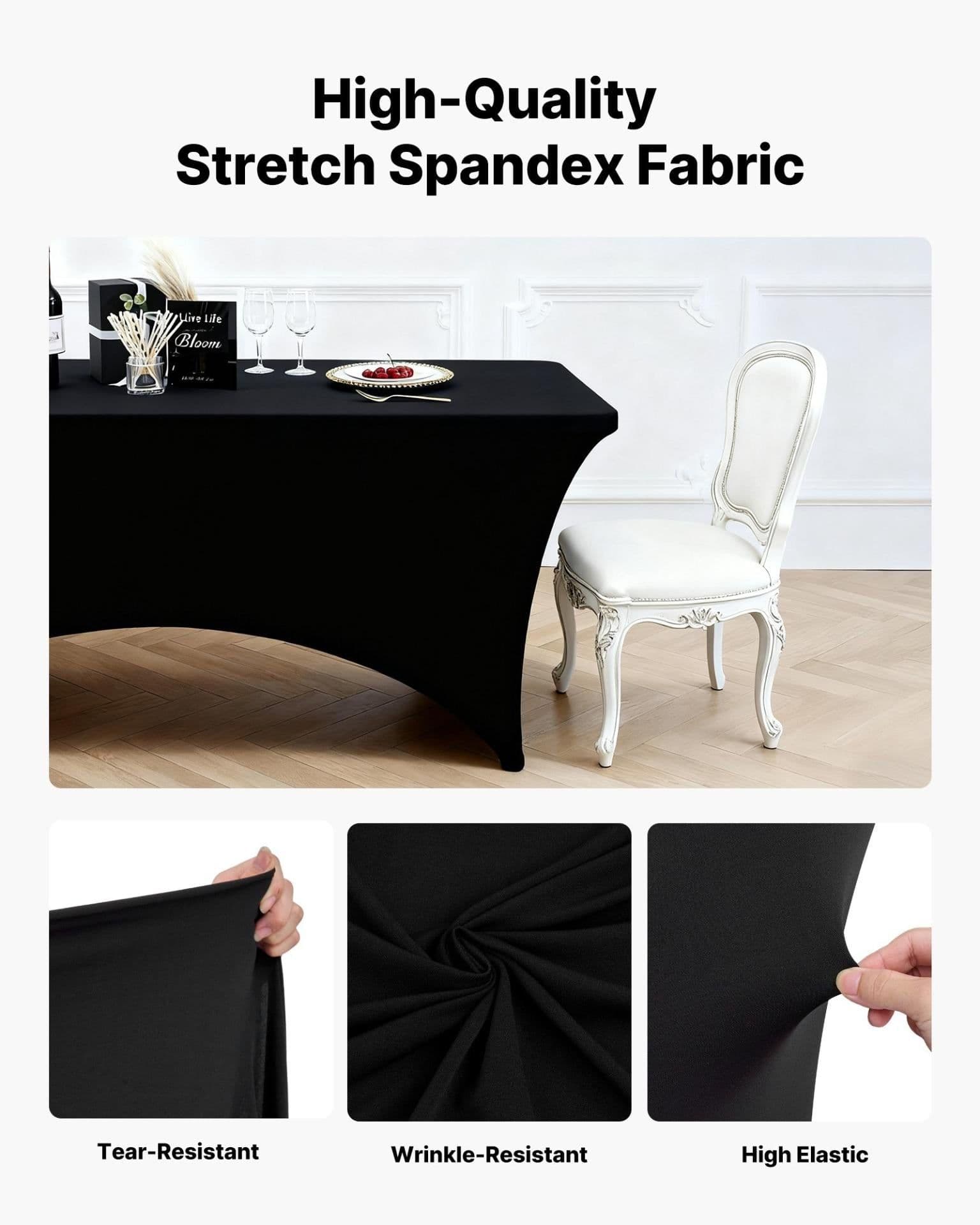 image-VEVOR 3 Pack Table Cloth for 6FT Rectangular Fitted Events, Wrinkle-Resistant Stretch Black Table Covers, Washable Spandex Tablecloth Protector, for Party, Wedding, Cocktail, Banquet, Festival