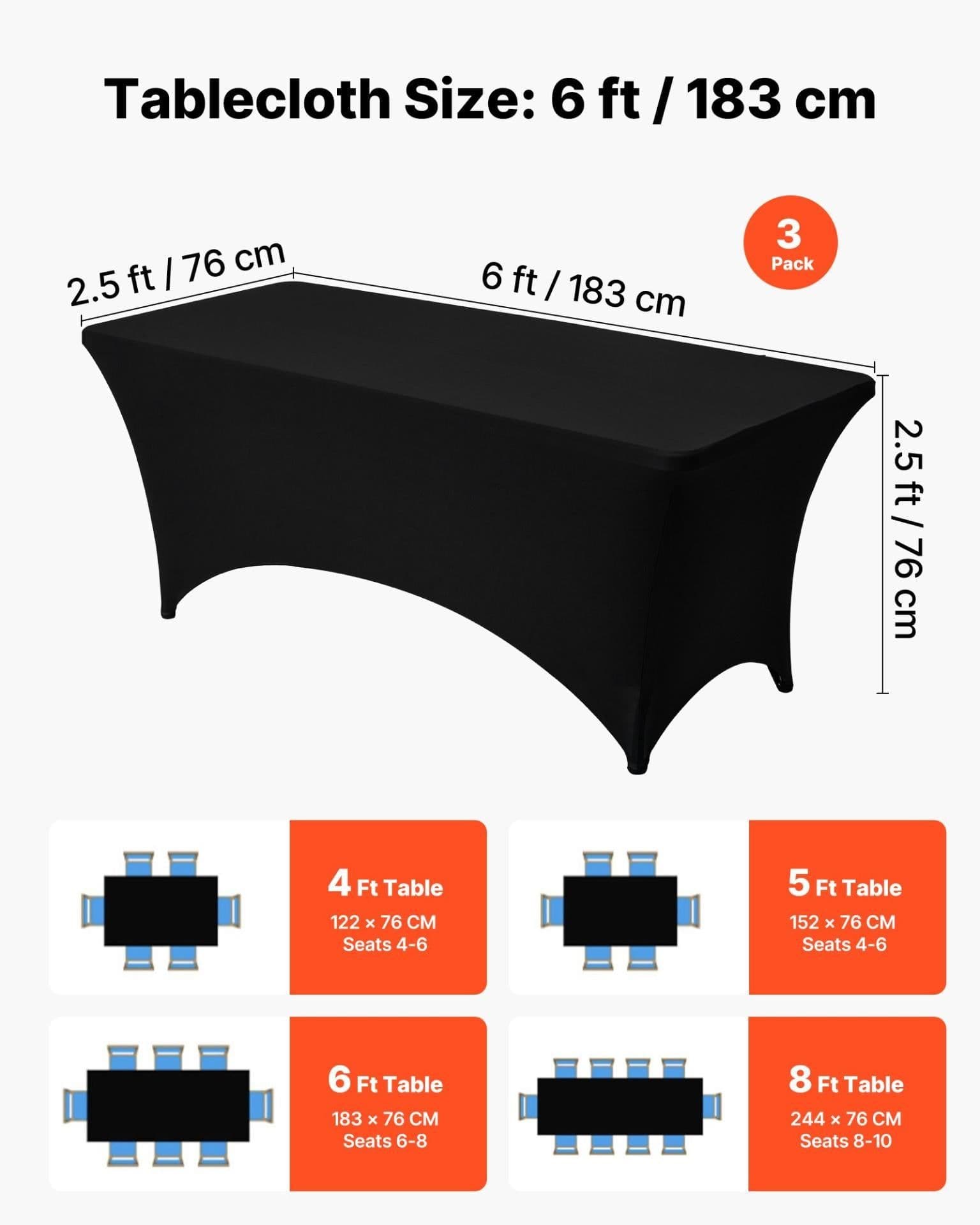 image-VEVOR 3 Pack Table Cloth for 6FT Rectangular Fitted Events, Wrinkle-Resistant Stretch Black Table Covers, Washable Spandex Tablecloth Protector, for Party, Wedding, Cocktail, Banquet, Festival