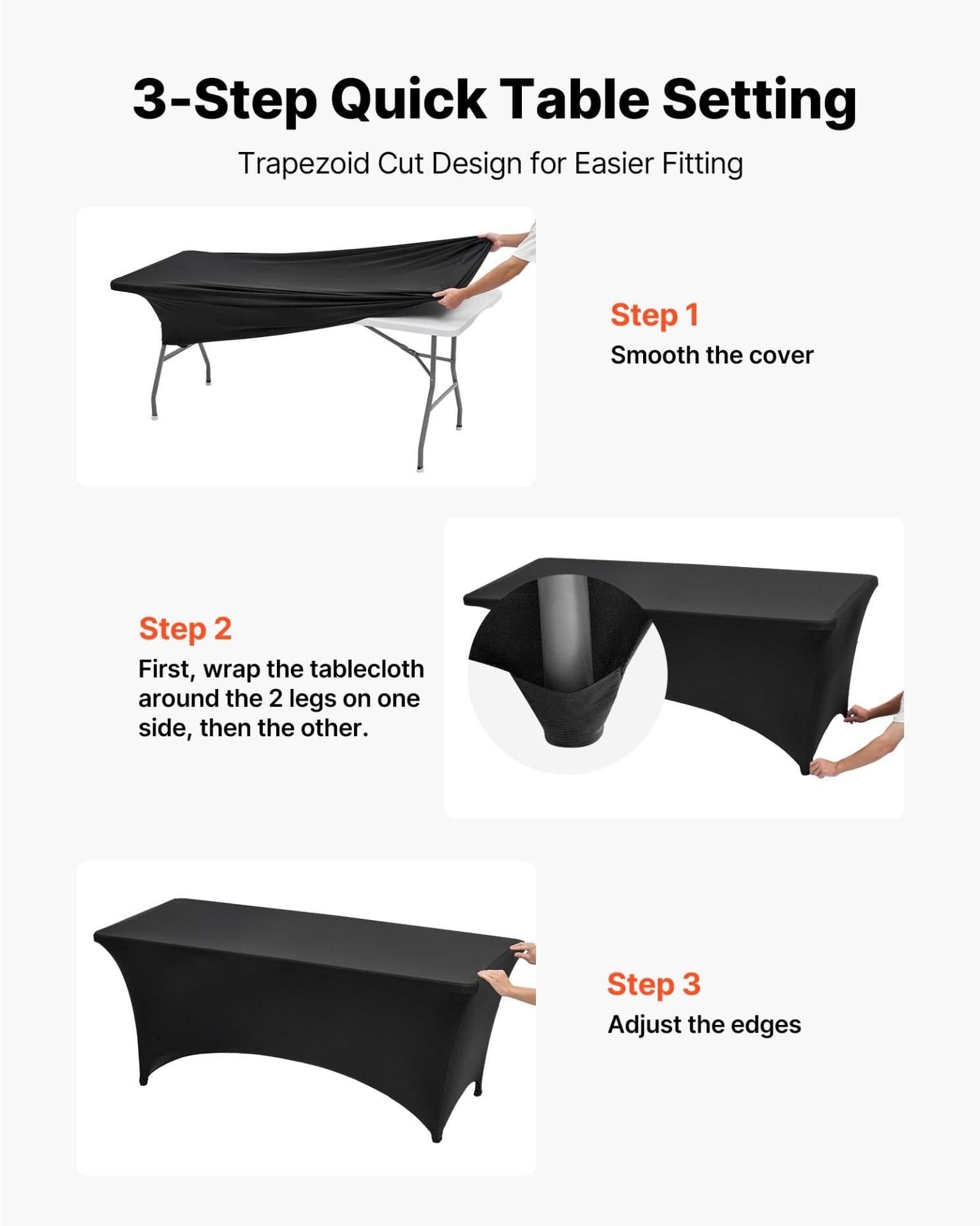 image-VEVOR 3 Pack Table Cloth for 6FT Rectangular Fitted Events, Wrinkle-Resistant Stretch Black Table Covers, Washable Spandex Tablecloth Protector, for Party, Wedding, Cocktail, Banquet, Festival