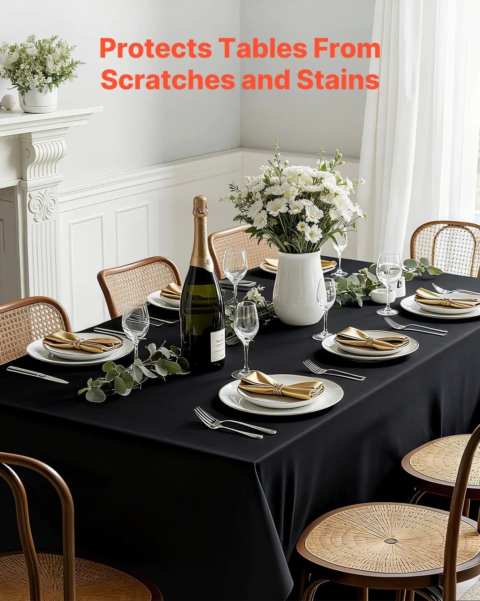 image-VEVOR Black Tablecloths for Rectangle Tables, 6 Pack, 70 x 120 Inches, Reusable and Machine Washable Table Clothes, Wrinkle-Resistant Polyester Fabric Table Covers for Wedding, Party, Banquet