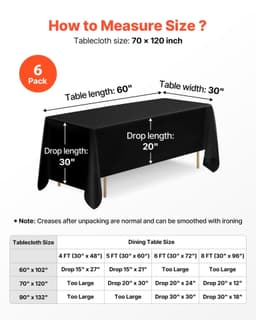 image-VEVOR Black Tablecloths for Rectangle Tables, 6 Pack, 70 x 120 Inches, Reusable and Machine Washable Table Clothes, Wrinkle-Resistant Polyester Fabric Table Covers for Wedding, Party, Banquet