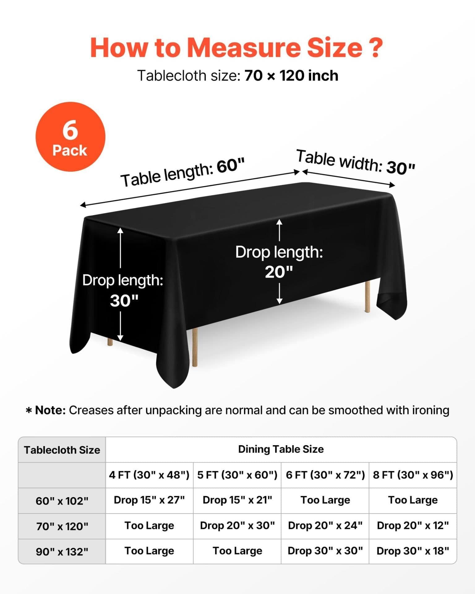 image-VEVOR Black Tablecloths for Rectangle Tables, 6 Pack, 70 x 120 Inches, Reusable and Machine Washable Table Clothes, Wrinkle-Resistant Polyester Fabric Table Covers for Wedding, Party, Banquet