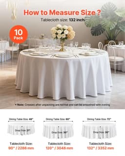 image-VEVOR White Round Tablecloths 6 Pack, 132 Inches in Diameter, Stain- & Wrinkle- Resistant, Machine Washable Table Clothes, Polyester Fabric Table Covers for Wedding, Party, Banquet, Formal Events