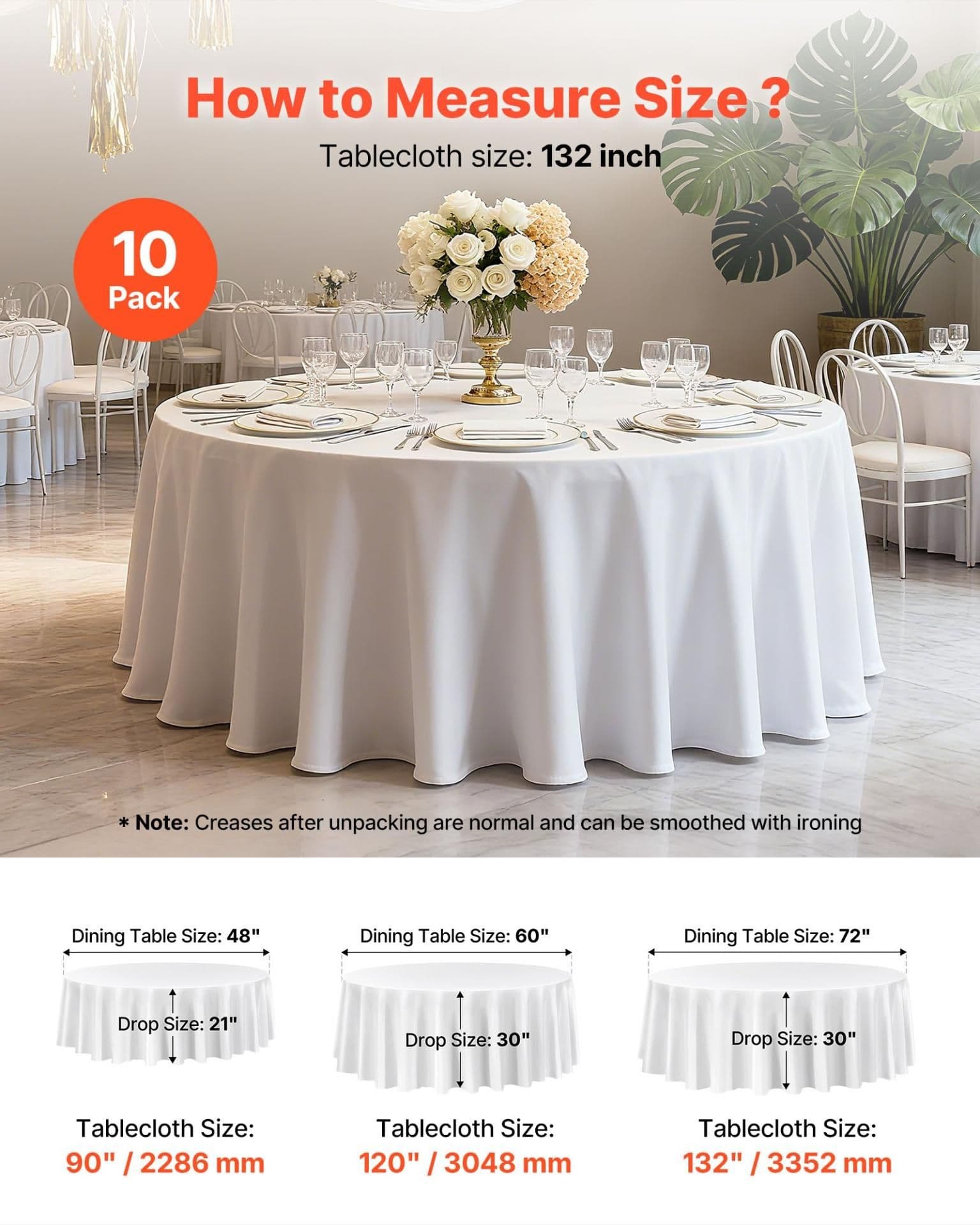 image-VEVOR White Round Tablecloths 6 Pack, 132 Inches in Diameter, Stain- & Wrinkle- Resistant, Machine Washable Table Clothes, Polyester Fabric Table Covers for Wedding, Party, Banquet, Formal Events