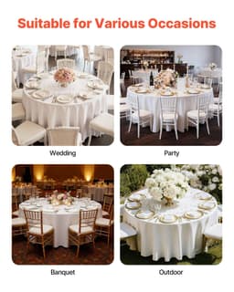 image-VEVOR White Round Tablecloths 6 Pack, 132 Inches in Diameter, Stain- & Wrinkle- Resistant, Machine Washable Table Clothes, Polyester Fabric Table Covers for Wedding, Party, Banquet, Formal Events
