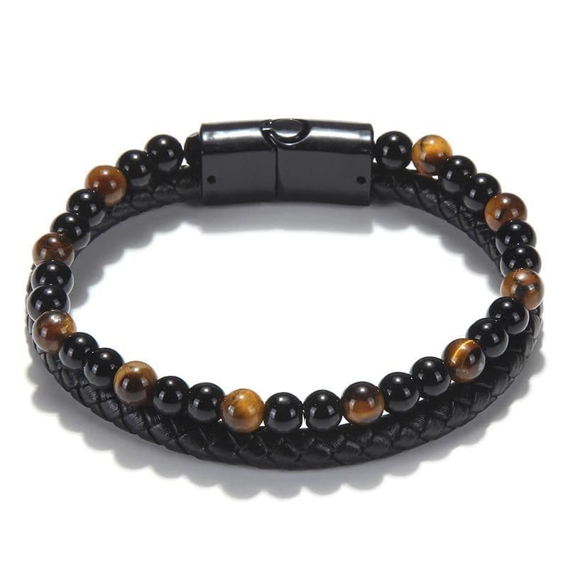 image-Fashion Men's Jewelry Pu Leather Bracelet Black Magnetic Button Tiger