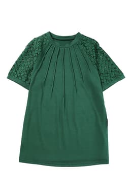 image-Khaki Contrast Lace Raglan Sleeve Tee - Casual Short Sleeve Top