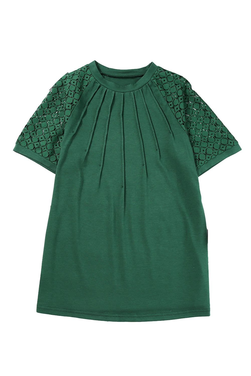 image-Khaki Contrast Lace Raglan Sleeve Tee - Casual Short Sleeve Top