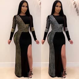image-K8882 AliExpress European and American sexy hot diamond round neck slit long sleeve dress nightclub clothes