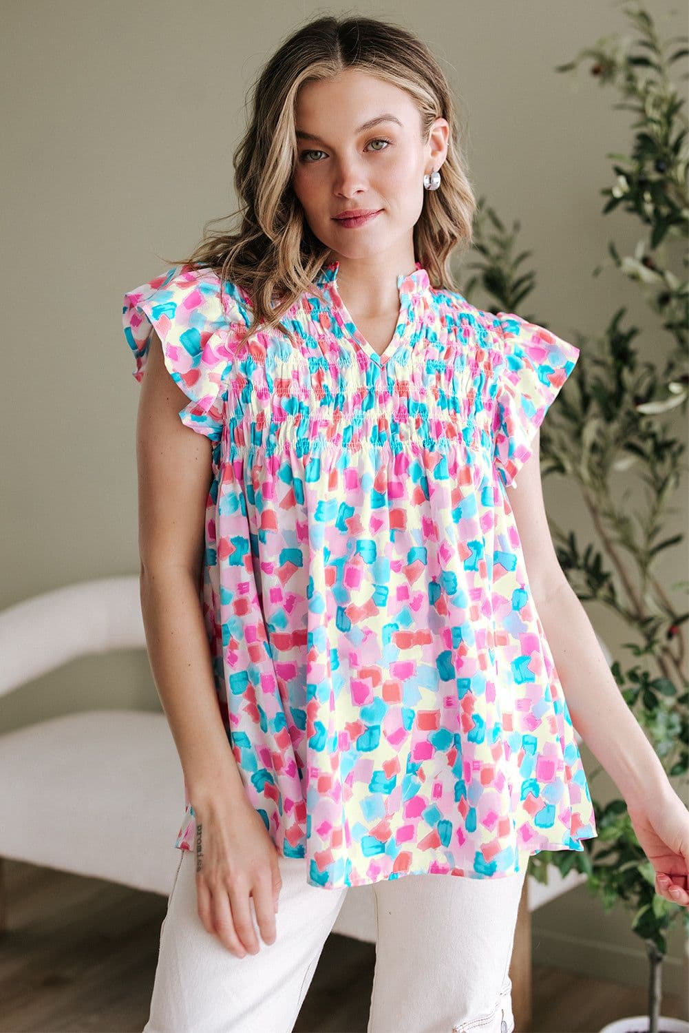 image-Sky Blue Abstract Printed Ruffled Blouse - Shirred Yoke Design