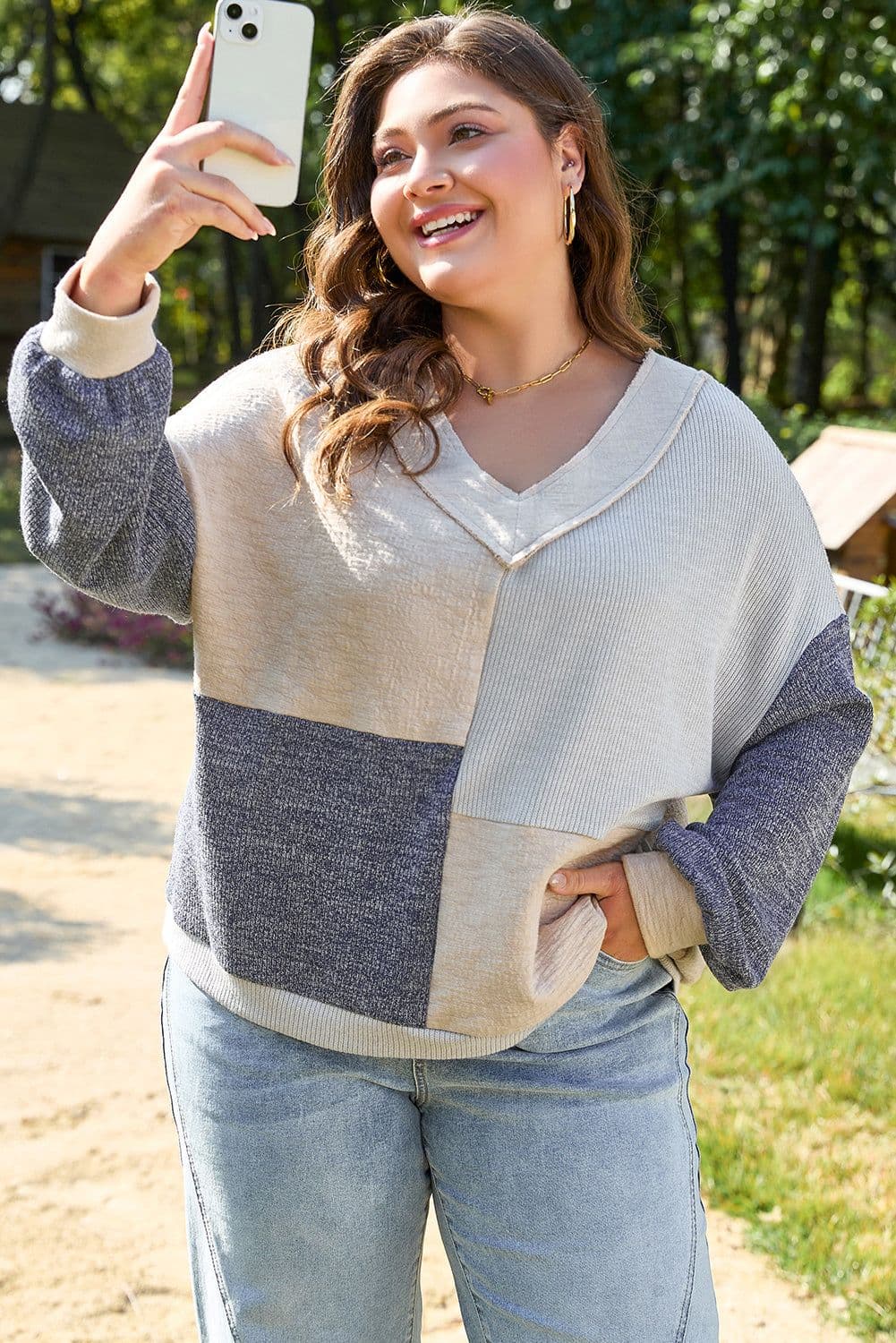 image-Plus Size Ashleigh Textured Colorblock Patchwork V Neck Top - Blue