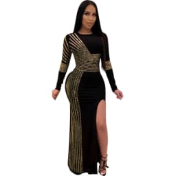 image-K8882 AliExpress European and American sexy hot diamond round neck slit long sleeve dress nightclub clothes