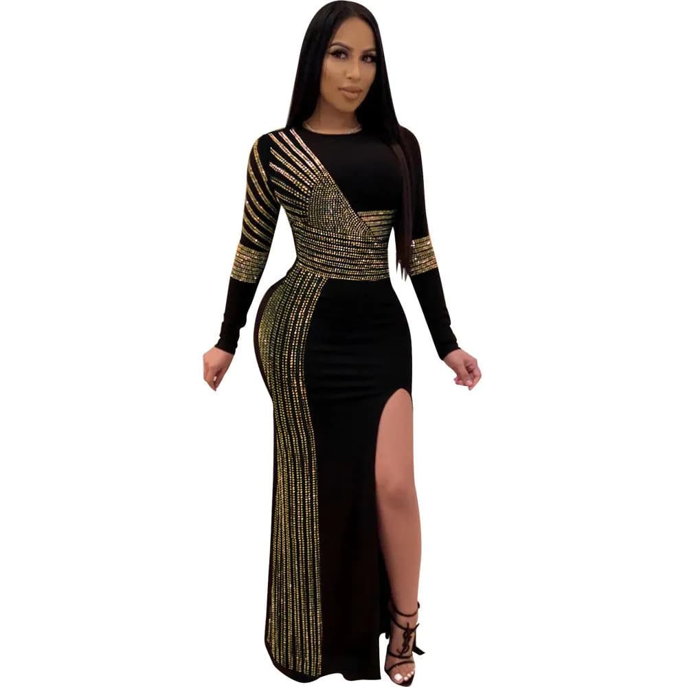 image-K8882 AliExpress European and American sexy hot diamond round neck slit long sleeve dress nightclub clothes